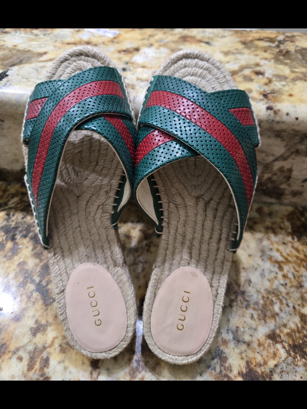Gucci Women's Green and Red Perforated Slide Mules